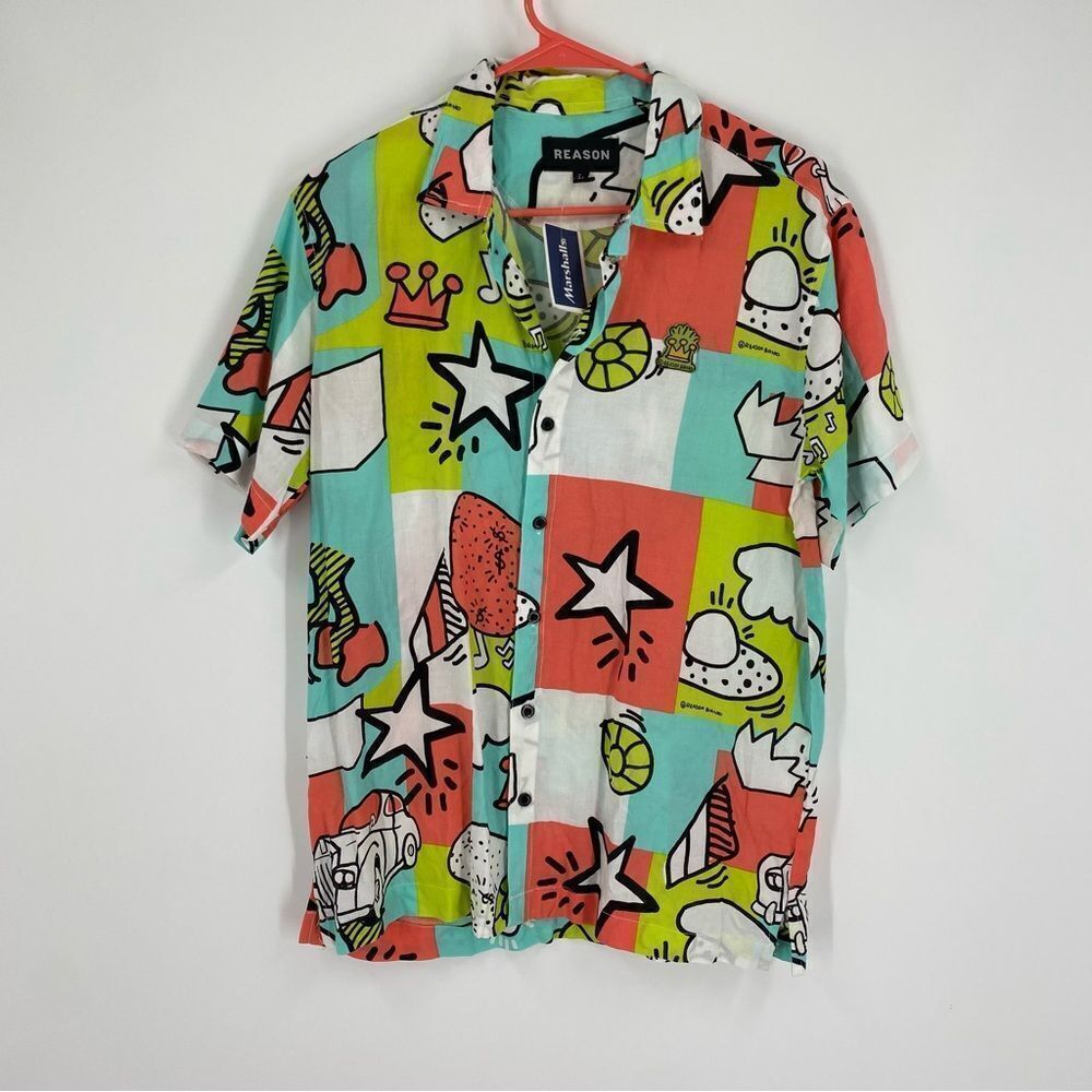 Reason Men’s Short Sleeve Colorful Graphic Button Front Shirt size L